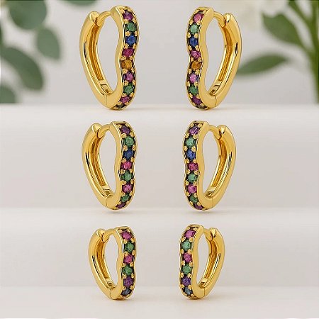 Trio Brinco de Argola com zircônias coloridas Folheado em ouro 18k