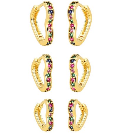 Trio Brinco de Argola com zircônias coloridas Folheado em ouro 18k