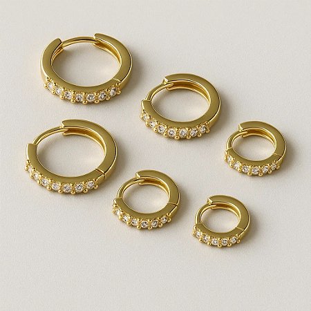 Trio de Argolinhas Repletas de Zircônias folheado em ouro 18k