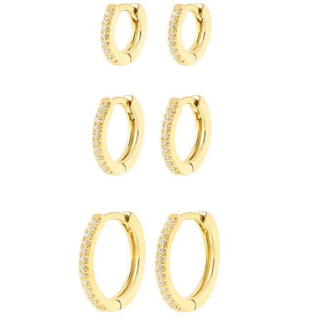 Trio de Argolinhas Repletas de Zircônias folheado em ouro 18k