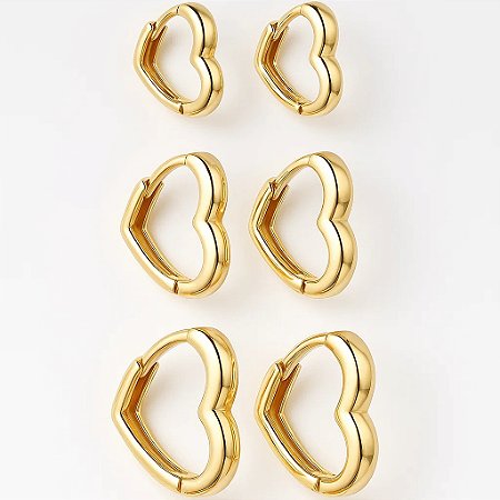 Trio de Argolas Coração  Foleados a Ouro 18k