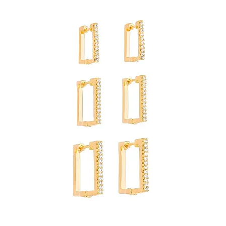Trio de Argolas Retangular Folheados a Ouro 18k