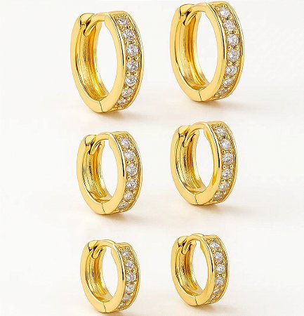 Trio de Argolinhas Cravejada com Zircônia Folheada a Ouro 18k