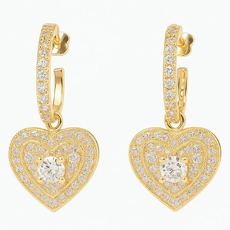 Argola com Pingente de Coração Cravejada com Zircônias Folheada a Ouro 18k