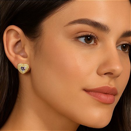 Brinco Coração Pedra Roxa Folheado a Ouro 18k