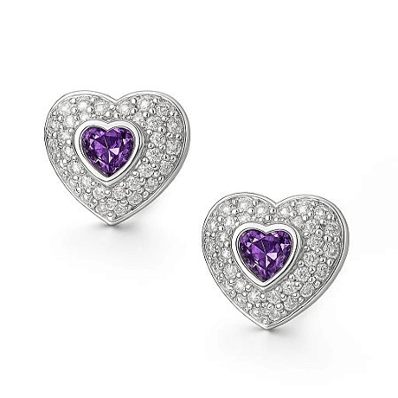 Brinco Coração Pedra Roxa Banhado em Ródio Branco