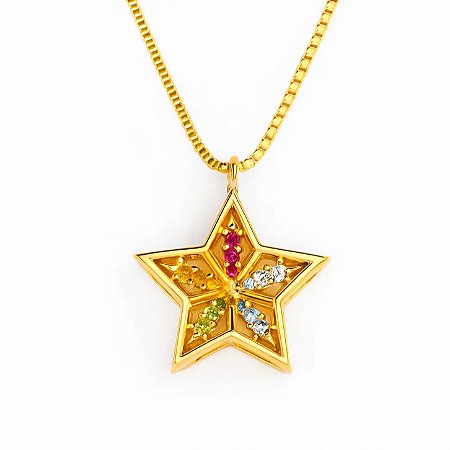 Colar Pingente Estrela Zircônia Colorida Folheado a Ouro 18k