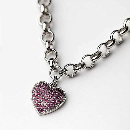 Pulseira com Pingente de Coração Banhada a Ródio Branco