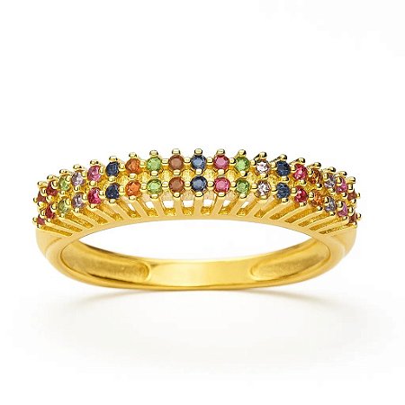 Anel Cravejado com Micro Zircônias Coloridas Folheado a Ouro 18k