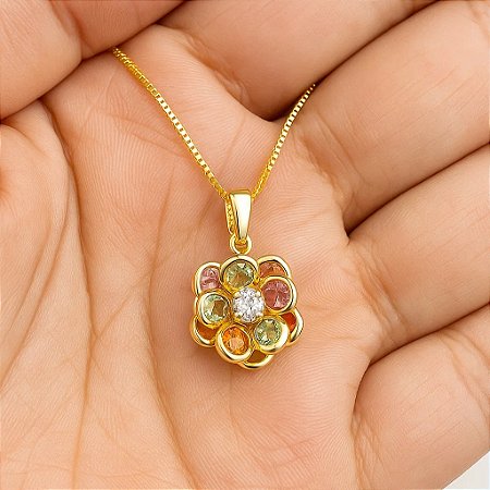 Colar Flor com Pedras Coloridas Banhado a Ouro 18k