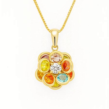 Colar Flor com Pedras Coloridas Banhado a Ouro 18k
