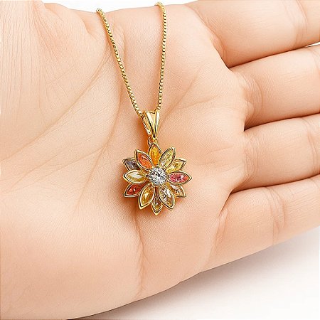Colar Flor Radiante com Pedras Coloridas  Banhado a  Ouro 18k