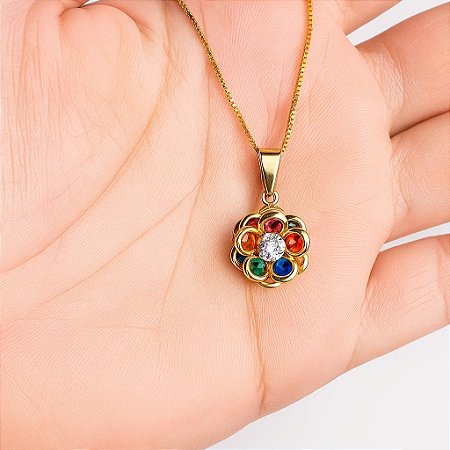 Colar Flor Encantada com Pedras Coloridas Banhado a Ouro 18k