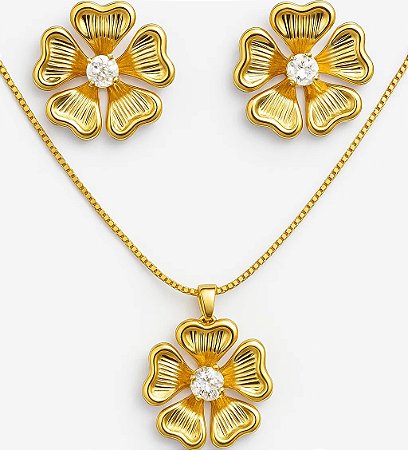 Conjunto Colar e Brincos Flor Dourada com Cristal Banhado em Ouro 18k