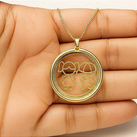 Colar Medalha Casal de Filhos Banhado em Ouro 18k