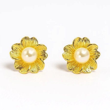 Brinco Flor com Pérola Banhado a Ouro 18k