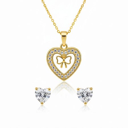 Conjunto Coração com Laço Banhado a Ouro 18k