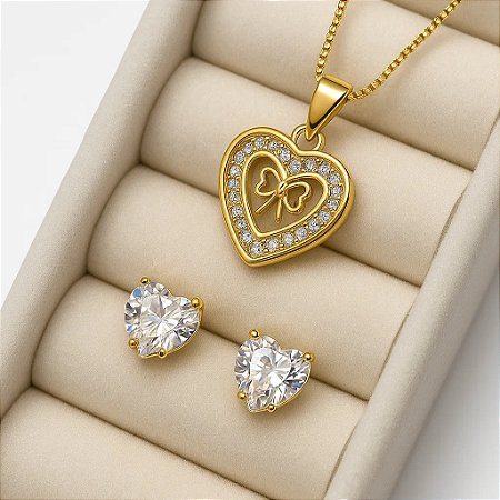 Conjunto Coração com Laço Banhado a Ouro 18k