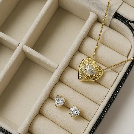 Conjunto Coração com Zircônias Banho de Ouro 18k