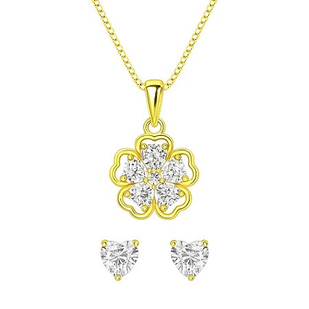 Conjunto Flor com Zircônias Banhado em Ouro 18k