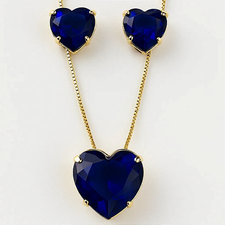 Conjunto Coração Safira Banhado em Ouro 18k
