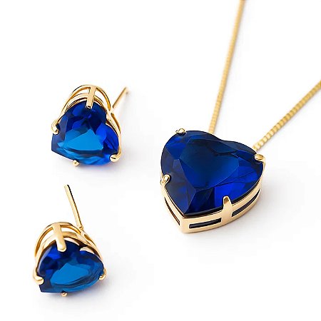 Conjunto Coração Safira Banhado em Ouro 18k