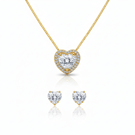 Conjunto Coração Cristal Banhado em Ouro 18k