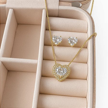 Conjunto Coração Cristal Banhado em Ouro 18k