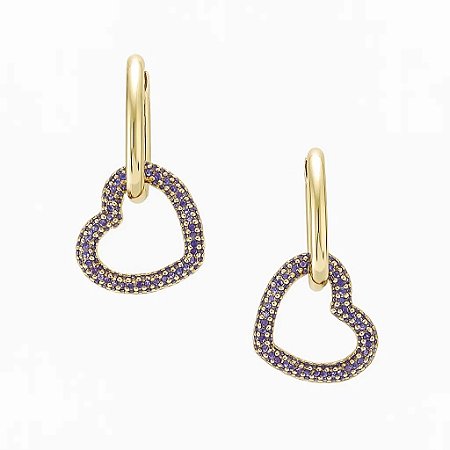 Brinco Argola Coração com Zircônias Roxas Banho de Ouro 18k