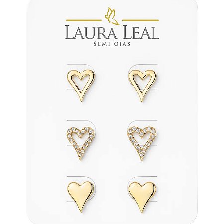 Kit 3 Pares de Brincos Coração Banho de Ouro 18k