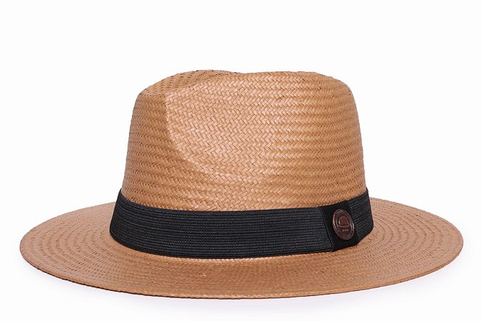 Chapéu Panamá Aba Média 7cm Palha Shantung Caramelo Faixa Preta - Coleção Clássica