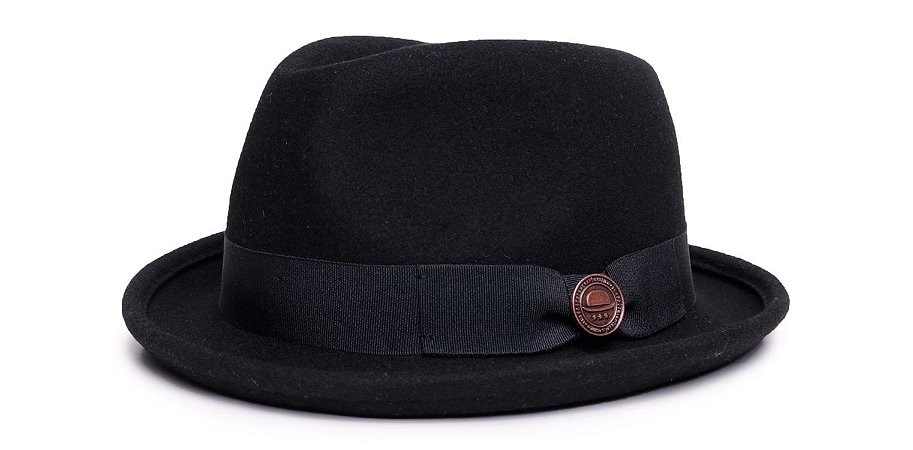Chapéu Fedora Aba Curta 5cm 100% Lã Preto Faixa Preta Laço - Coleção Clássico