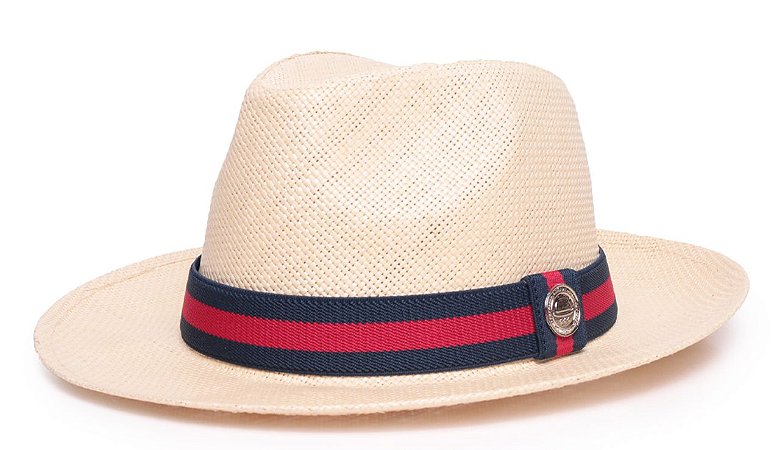 Chapéu Fedora Aba Média 6,5cm Palha Rígida Bege Faixa Azul Marinho e Vermelho - Coleção Stripes I