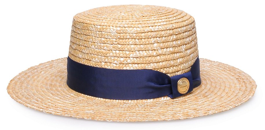 Chapéu Palheta Palha Dourada Aba Média 7cm Faixa Azul Marinho - Coleção Gorgurão