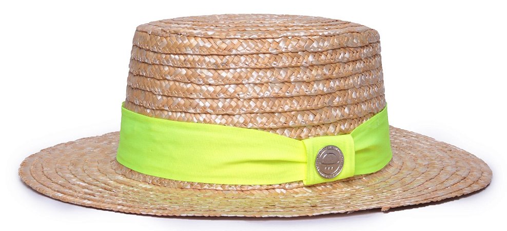 Chapéu Palheta Palha Dourada Aba Média 7cm Faixa Verde Neon - Coleção Gorgurão