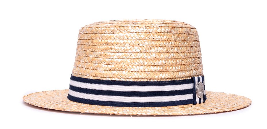 Chapéu Palheta Palha Dourada Aba Média 7cm Faixa Branca duas listras Azul Marinho - Coleção Stripes