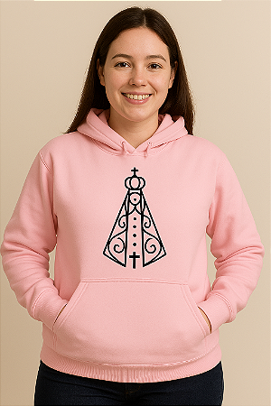 Blusa Moletom Flanelado Casual Nossa Senhora Rosa com Bolso Canguru e Capuz - Unissex