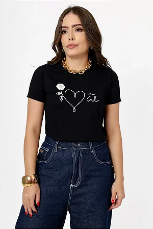 T-shirt Mãe Flor Aplicação com Pedraria