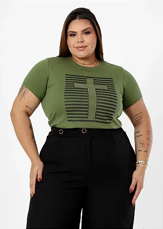 T-shirt Plus Size Cruz Jesus Com Aplicação Strass