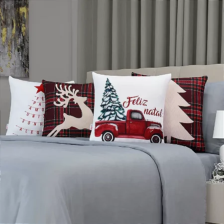 Kit 4 Capas de Almofada Decorativas Natal Novo Xadrez Vermelha – 45×45