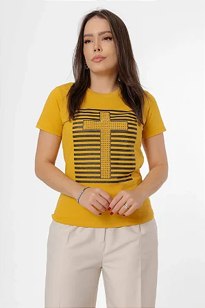 Tshirt Personalizada Jesus Cruz Aplicação Strass Mostarda
