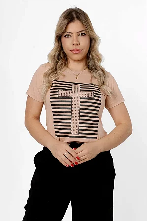 Tshirt Personalizada Jesus Cruz Aplicação Strass Bege