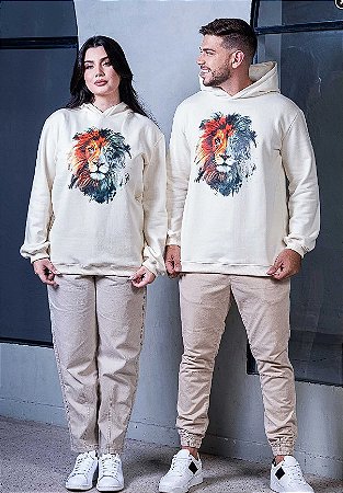 Moletom Unissex Capuz - Leão Colorido - Cor OFF White