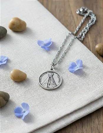 Pingente + Colar Aço Inox  Medalha Nossa Senhora Aparecida Prateado