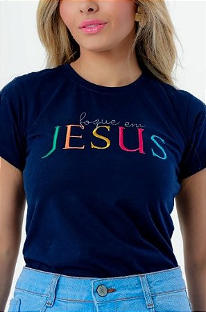 T-shirt Foque em Jesus Bordado - 100% Algodão, Azul Marinho