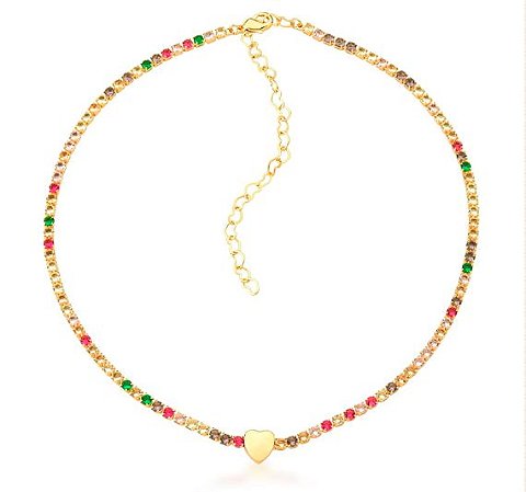 Choker Banhado ouro 18k Riviera Colorida com Coração Liso