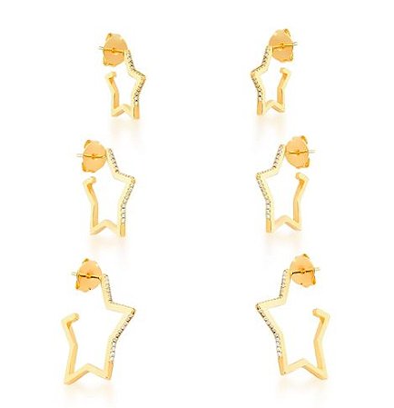 Trio Brinco Banhado ouro 18k  Estrela