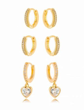 Trio Banhado ouro 18k Argola Cravejado Cristal