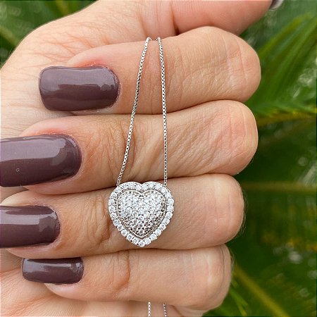 COLAR CORAÇÃO CRAVEJADO COM MICRO ZIRCONIAS BRANCAS EM RODIO BRANCO.