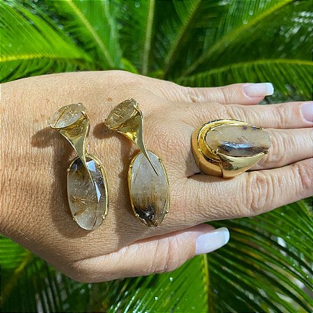 CONJUNTO DOURADO COM PEDRA MARROM